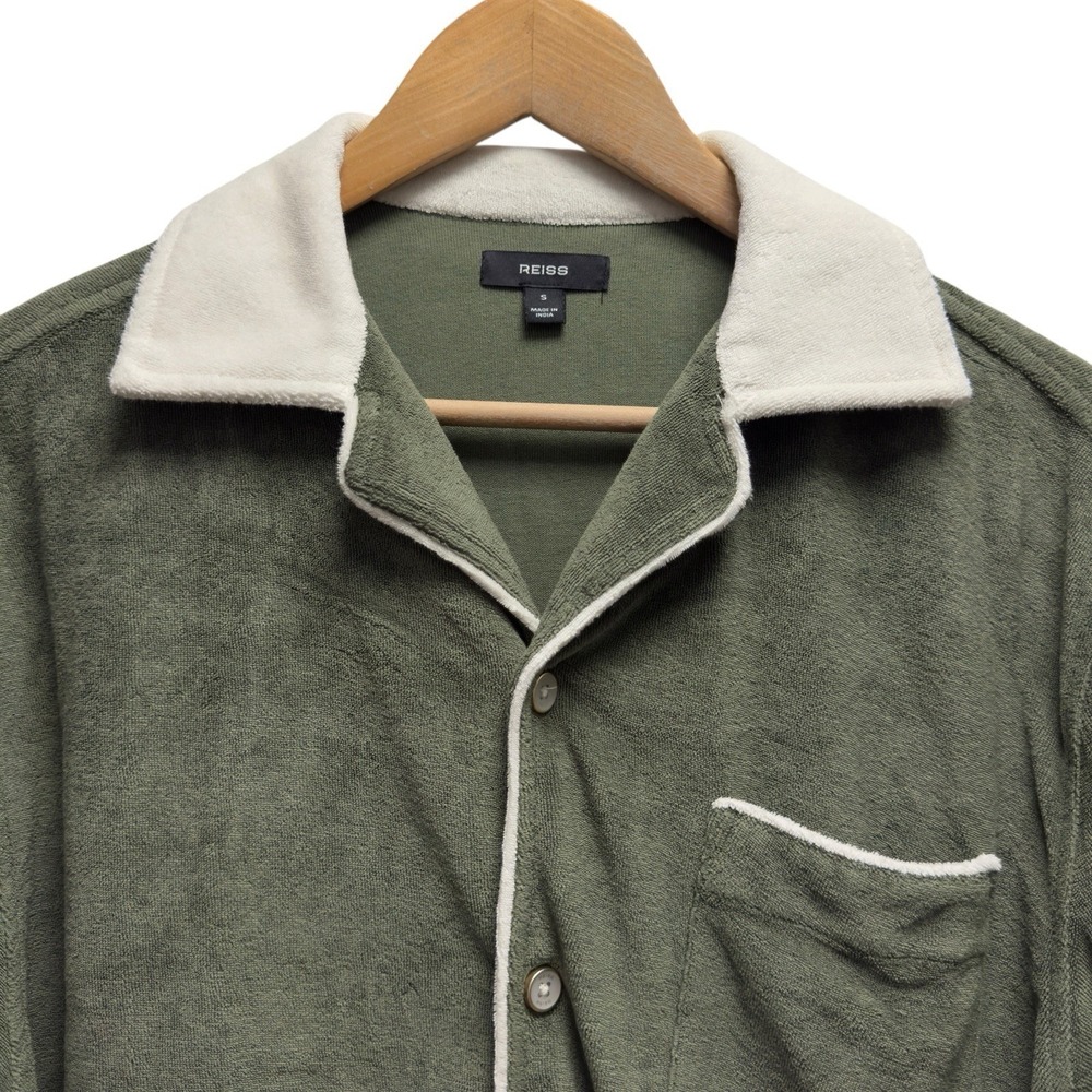 Reiss Mens Sz Small Terry Cloth Towelling Cuban Collar Eden Green Contrast Shirt